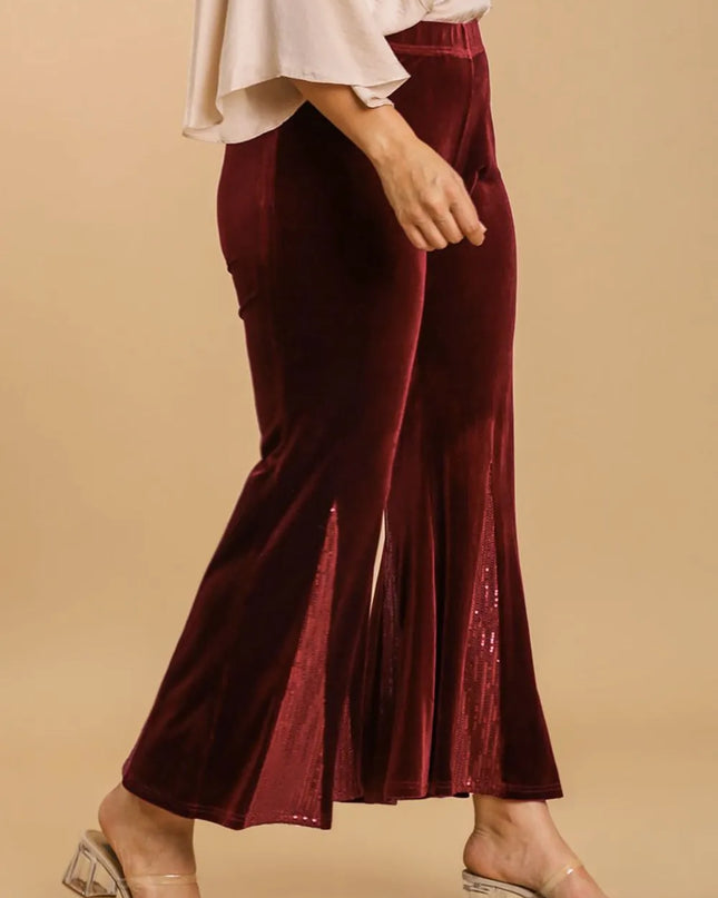 Umgee Full Size Sequin Elastic Waist Velvet Stretch Flare Leg Pants Plus Size