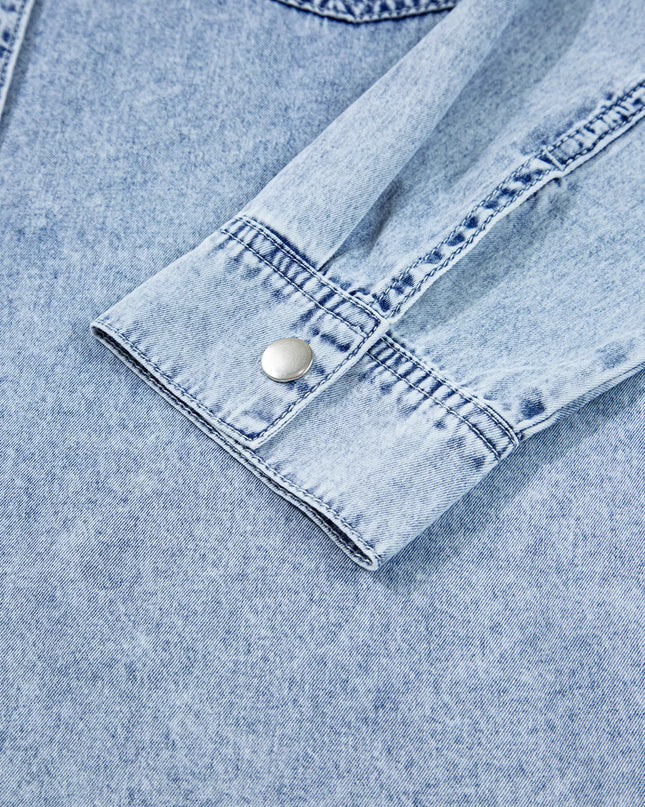 Chest Pocket Raw Hem Denim Loose Shirt Dress