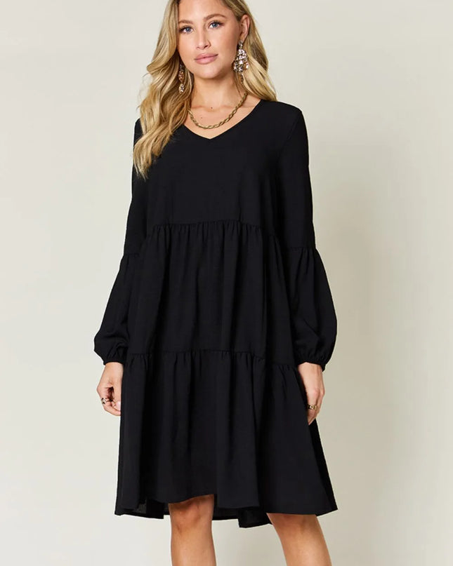 Double Take Full Size V-Neck Balloon Sleeve Tiered Dress with Pockets Black