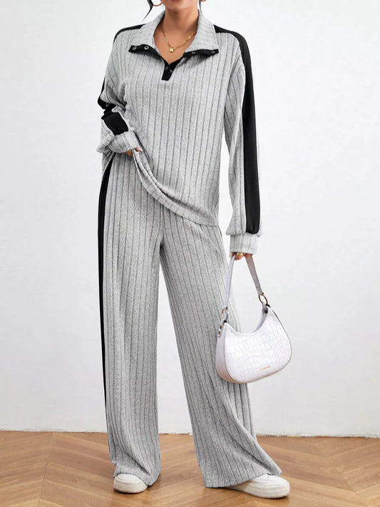 Ribbed Long Sleeve Top and Pants Set Light Gray