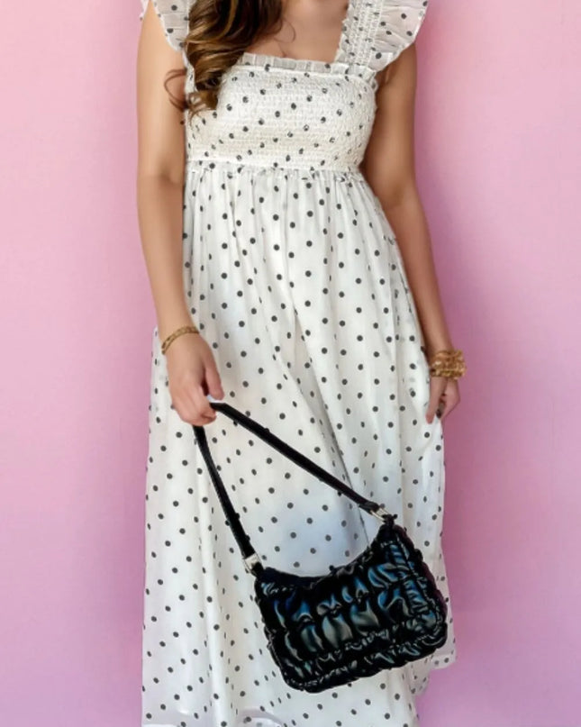 Polka Dot Ruffle Sleeve Smocked Midi Dress White