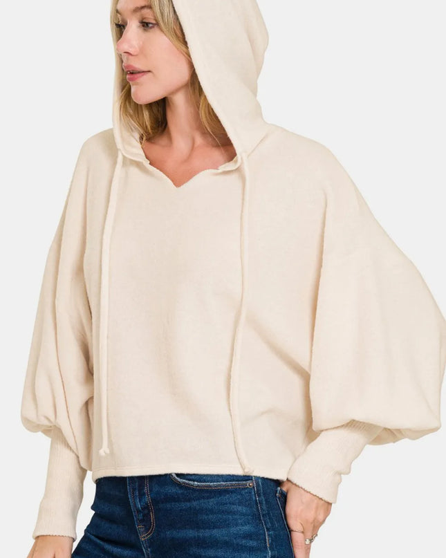 Zenana Brushed Hacci Drop Shoulder Cropped Hoodie Sand Beige
