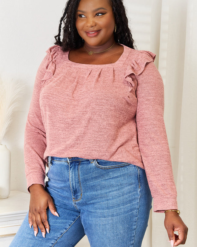 Double Take Square Neck Ruffle Shoulder Long Sleeve T-Shirt