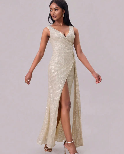 Slit Sequin Surplice Sleeveless Maxi Dress 