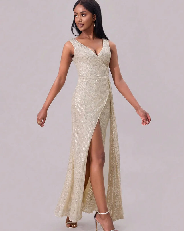 Slit Sequin Surplice Sleeveless Maxi Dress 
