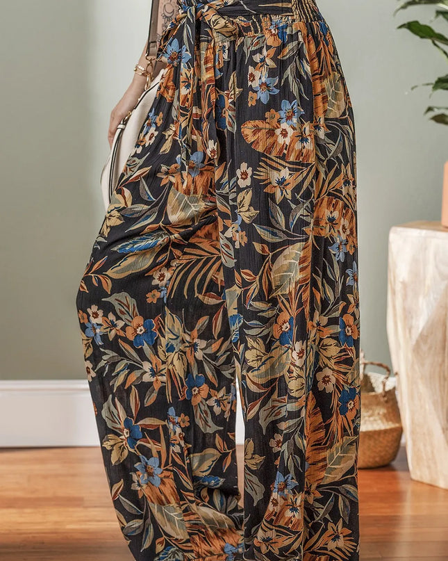 Floral Shirred High Waist Wide Leg Pants with Tie