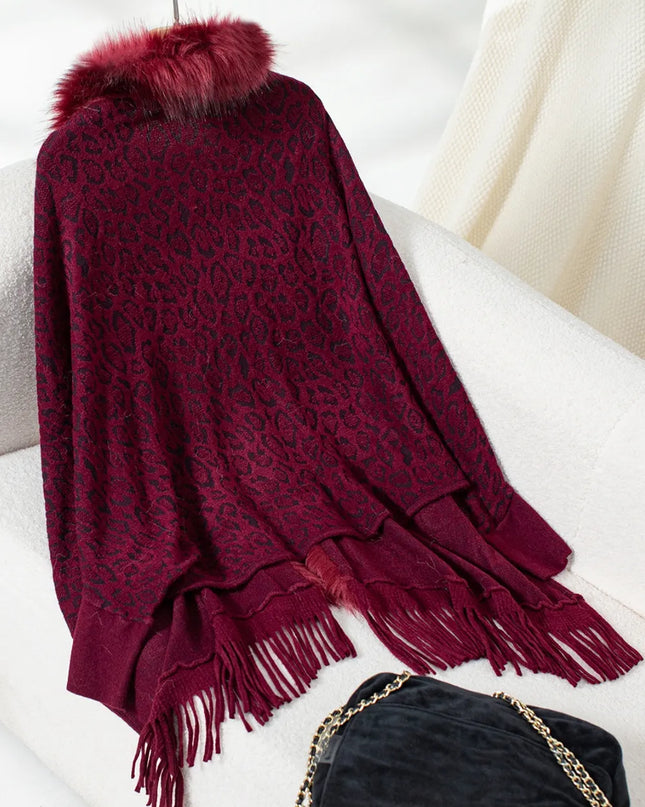 Fringe Leopard Open Front Long Sleeve Poncho