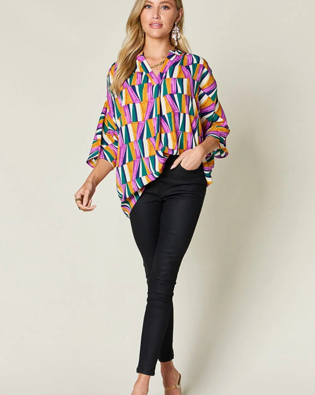 Double Take Full Size Geometric Notched Dolman Sleeve Top