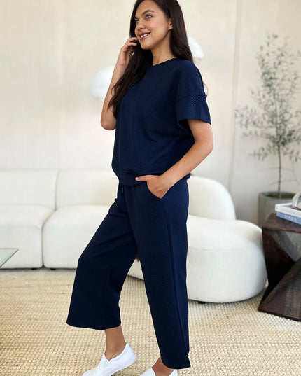 Double Take Full Size Texture Short Sleeve Top and Pants Set