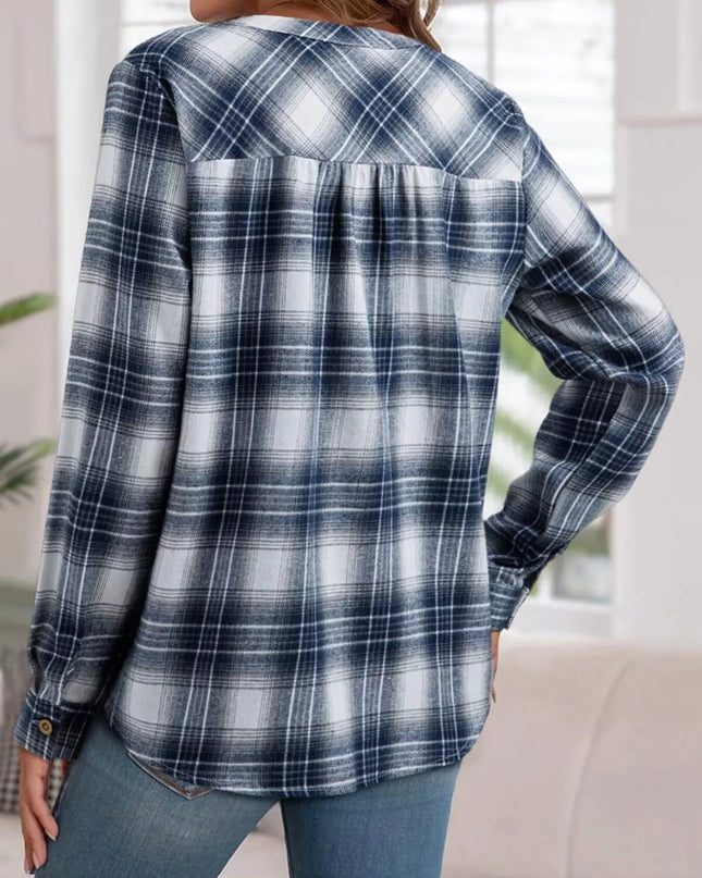 Plaid Half Button Long Sleeve Blouse
