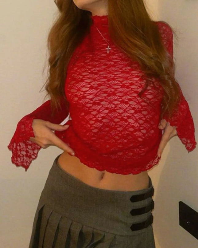 Mock Neck Lace Long Sleeve Mesh T-Shirt