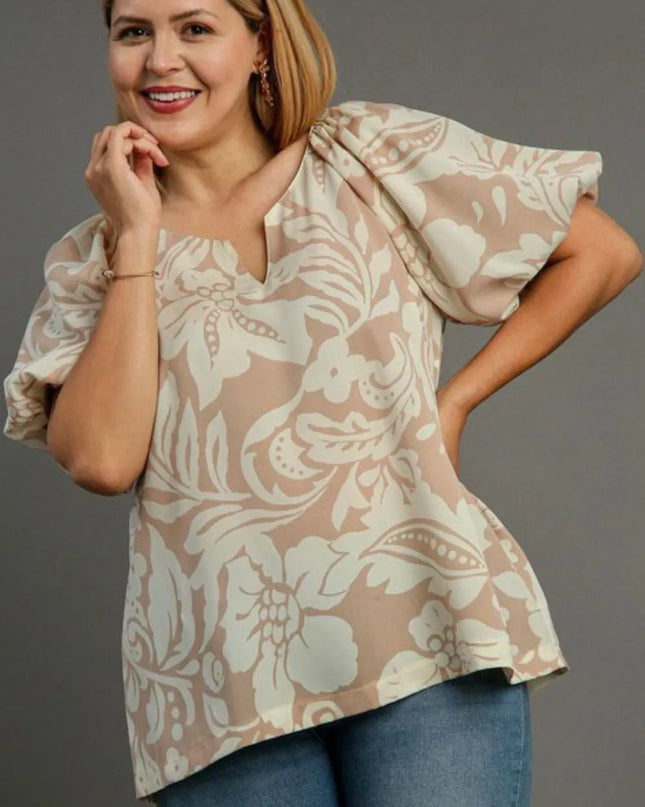 Umgee Full Size Boxy Cut Split Neck Floral Print Top Plus Size