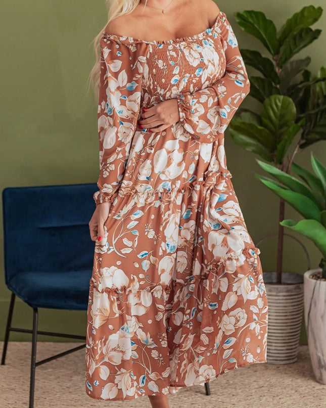 Smocked Printed Long Sleeve Tiered Dress