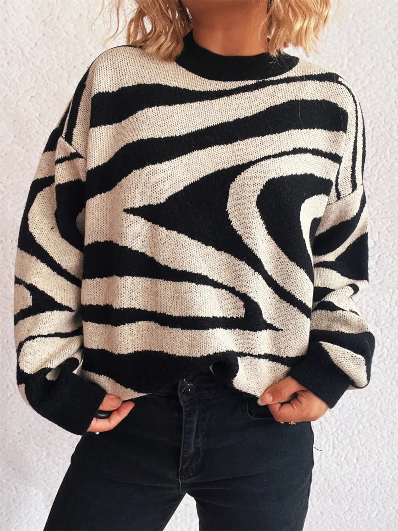 Zebra Print Round Neck Sweater Beige One Size