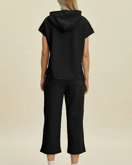 Double Take Full Size Texture Drawstring Short Sleeve Hoodie and Pocketed Pants Set