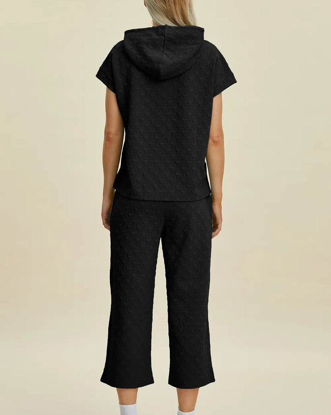 Double Take Full Size Texture Drawstring Short Sleeve Hoodie and Pocketed Pants Set