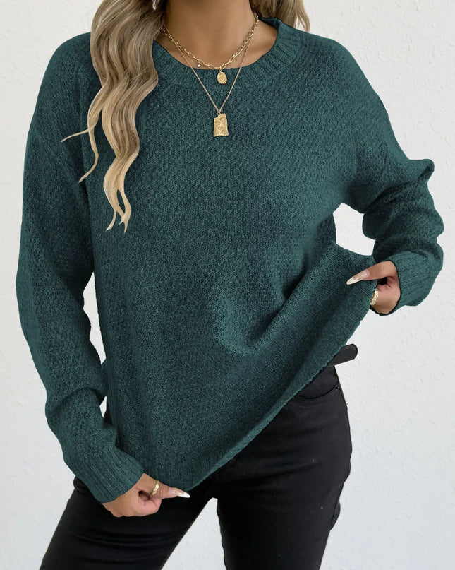 Textured Knit Relaxed Fit Round Neck Sweater Dark Green