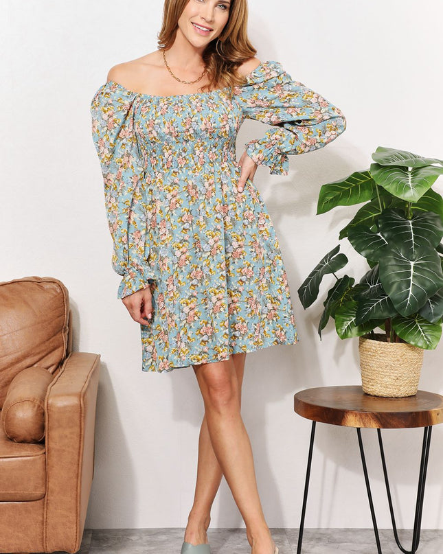 Honey Floral Smocked Flounce Sleeve Square Neck Dress