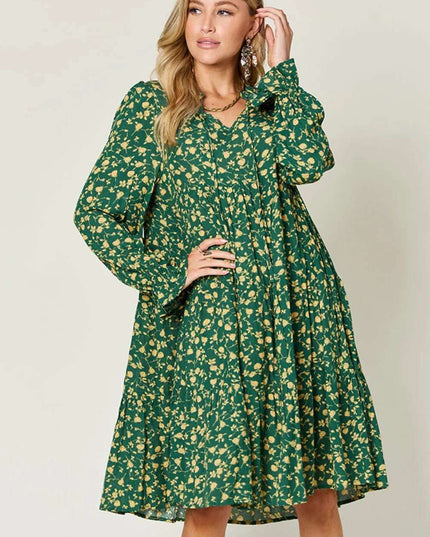 Double Take Full Size Printed Ruffle Hem Long Sleeve Tiered Dress Dark Green