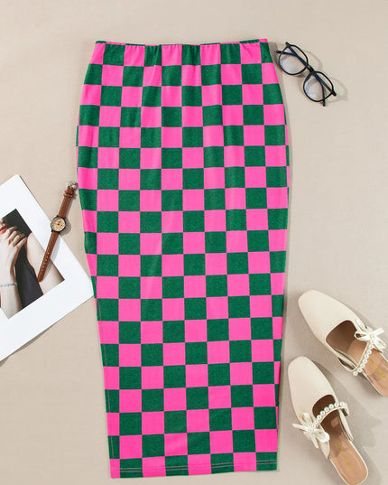 Split Checkered Midi Skirt