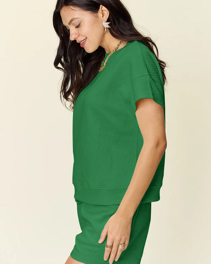 Double Take Full Size Texture Short Sleeve T-Shirt and Drawstring Shorts Set 