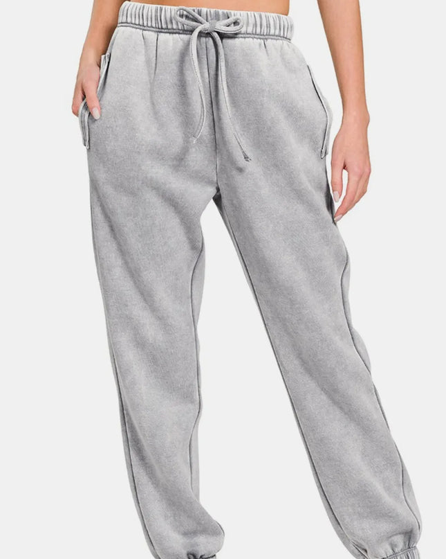 Zenana Full Size Acid Wash Fleece Drawstring Sweatpants with Pockets Sleet