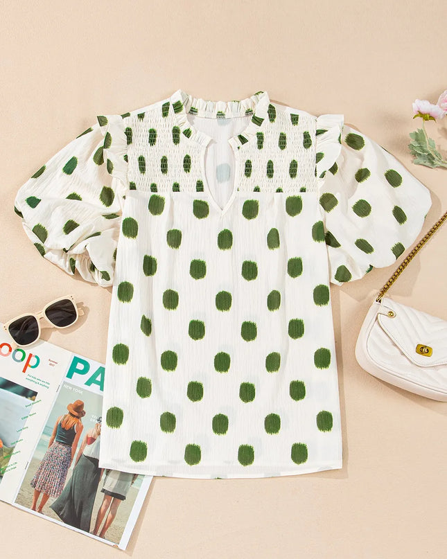 Polka Dot Shirred Yoke Notched Neck Puff Sleeve Blouse