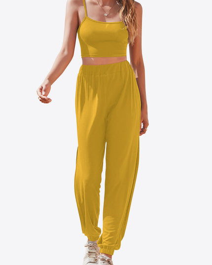 Cropped Cami and Side Split Joggers Set Yellow