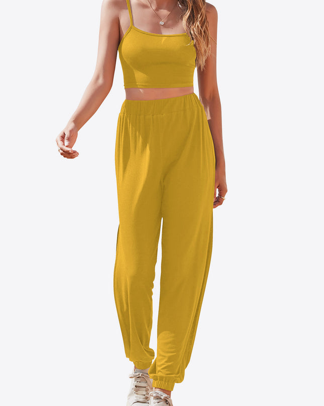 Cropped Cami and Side Split Joggers Set Yellow