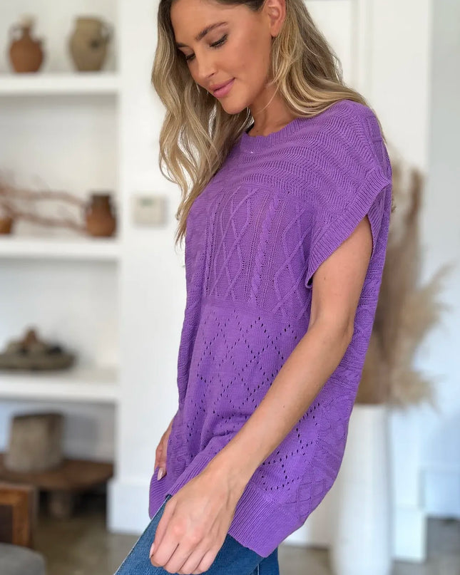 Double Take Full Size Cable-Knit Round Neck Cap Sleeve Sweater