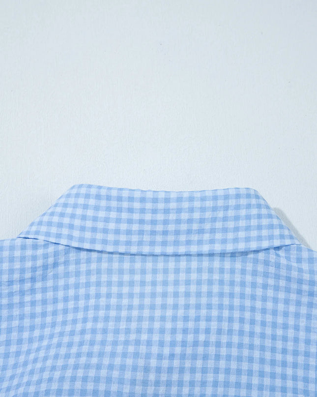 Gingham Print Puff Sleeve Button-Up Shirt