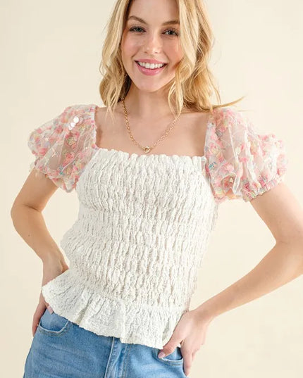 And The Why Embellishment Sleeve Smocked Top 