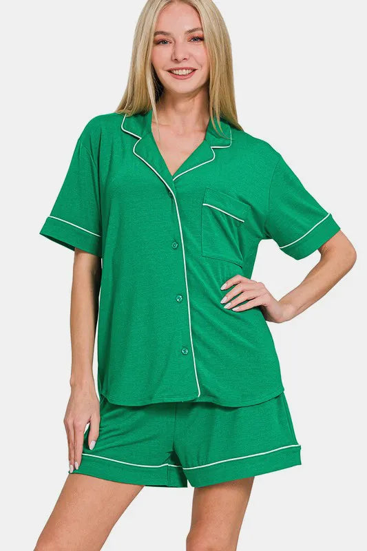 Zenana Button Down Short Sleeve Top and Shorts Lounge Set K Green