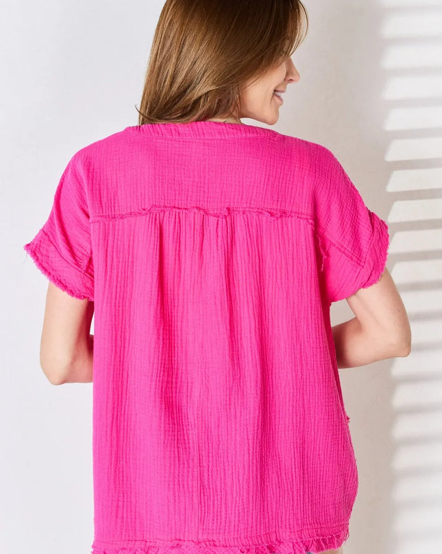 Zenana Full Size Raw Hem Short Sleeve Top