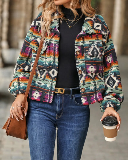 Geometric Dropped Shoulder Balloon Sleeve Outerwear Multicolor