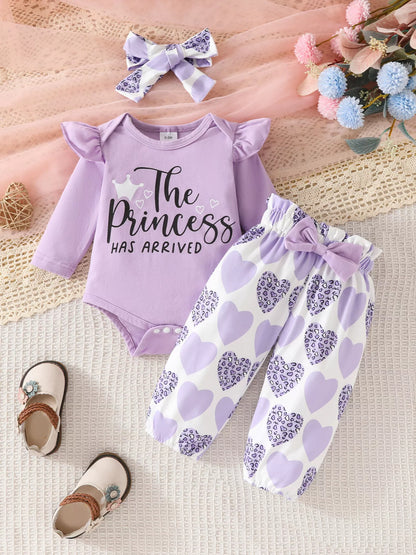 Children's Graphic Ruffled Top and Pants Set with Headband Light Purple