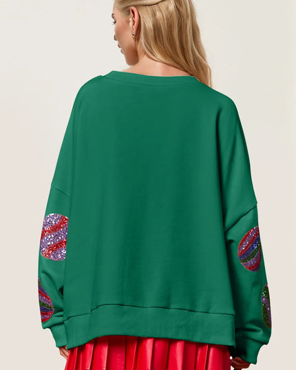 Double Take Christmas Element Sequin Round Neck Long Sleeve Sweatshirt