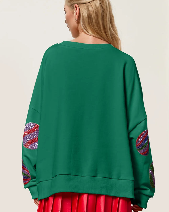 Double Take Christmas Element Sequin Round Neck Long Sleeve Sweatshirt