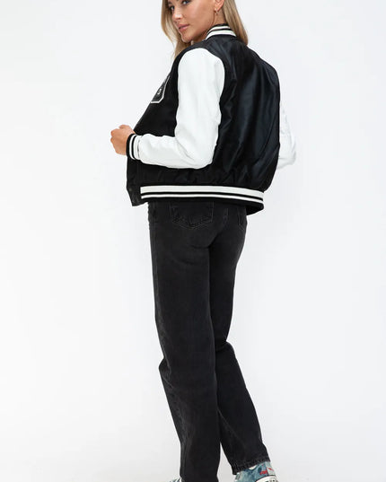 Love Me Now PU Leather Contrast Snap Down Bomber Jacket