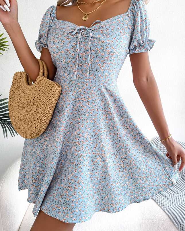 Ditsy Floral Drawstring A-Line Dress Sky Blue