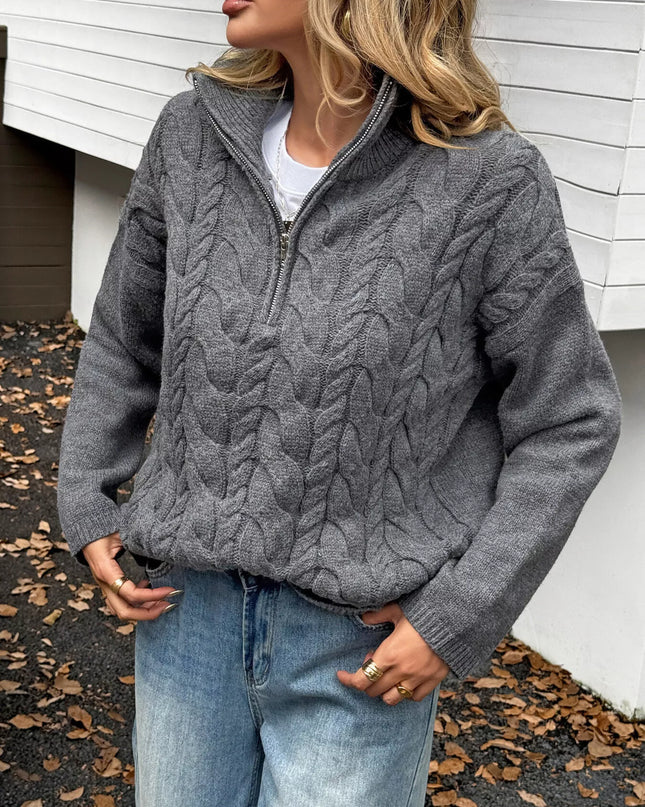 Zip Collar Cable-Knit Sweater