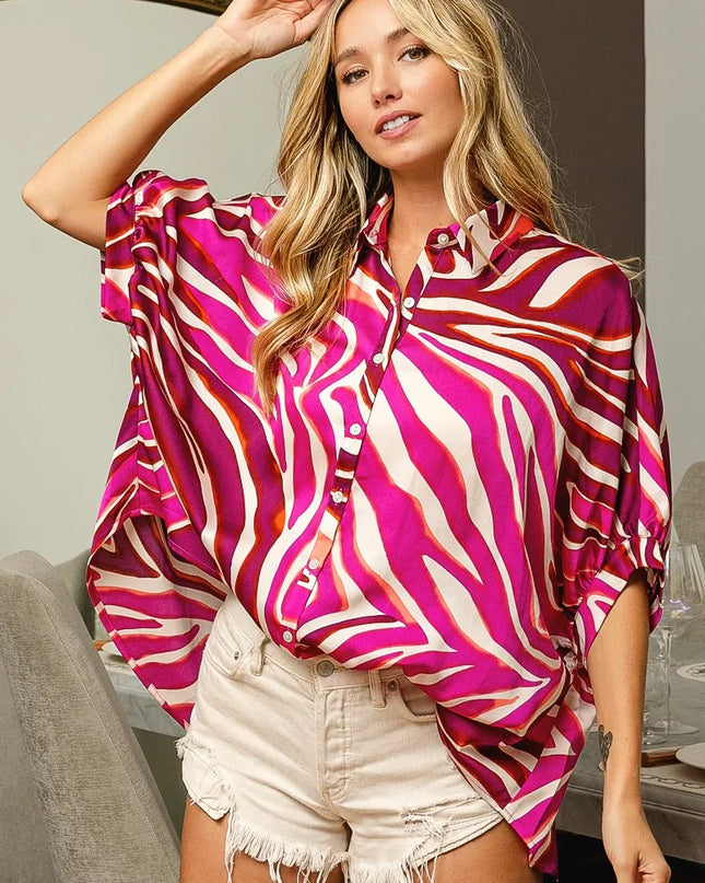 BiBi Zebra Dolman Silky Satin Shirt Top