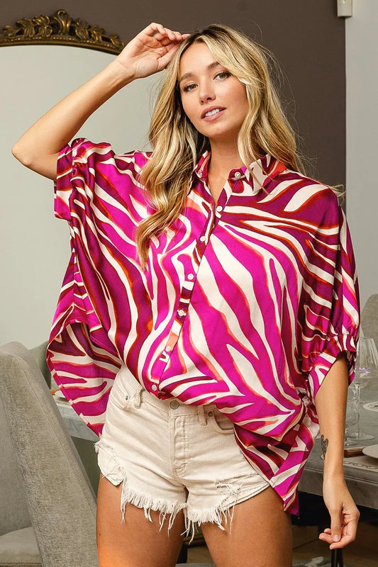 BiBi Zebra Dolman Silky Satin Shirt Top