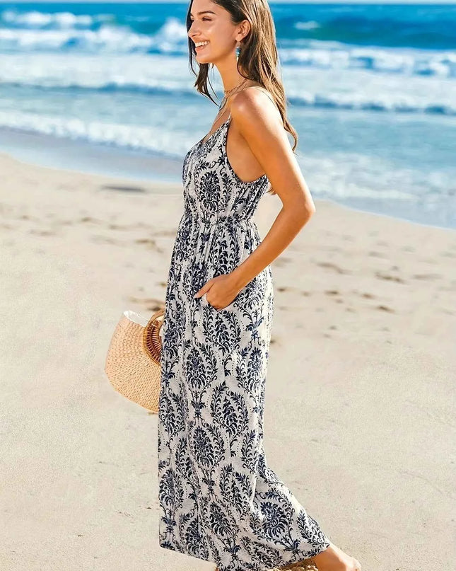 Printed Spaghetti Strap Beach Jumpsuit