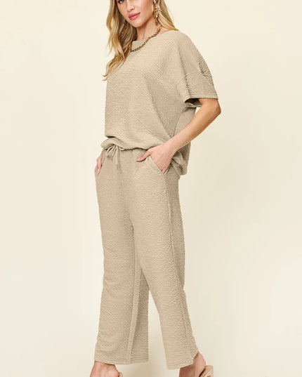Double Take Full Size Texture Short Sleeve Top and Pants Set
