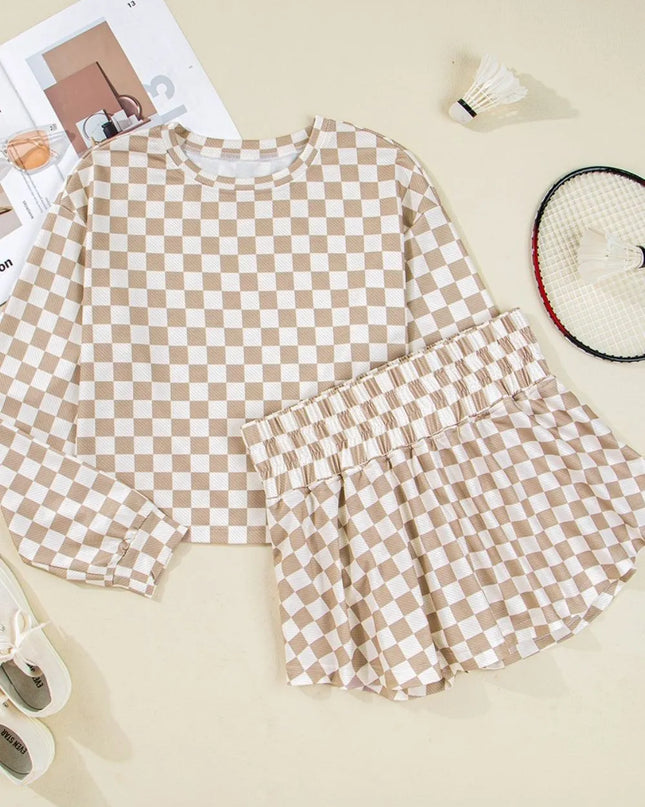 Checkered Long Sleeve Top and Skirt Two-Piece Set