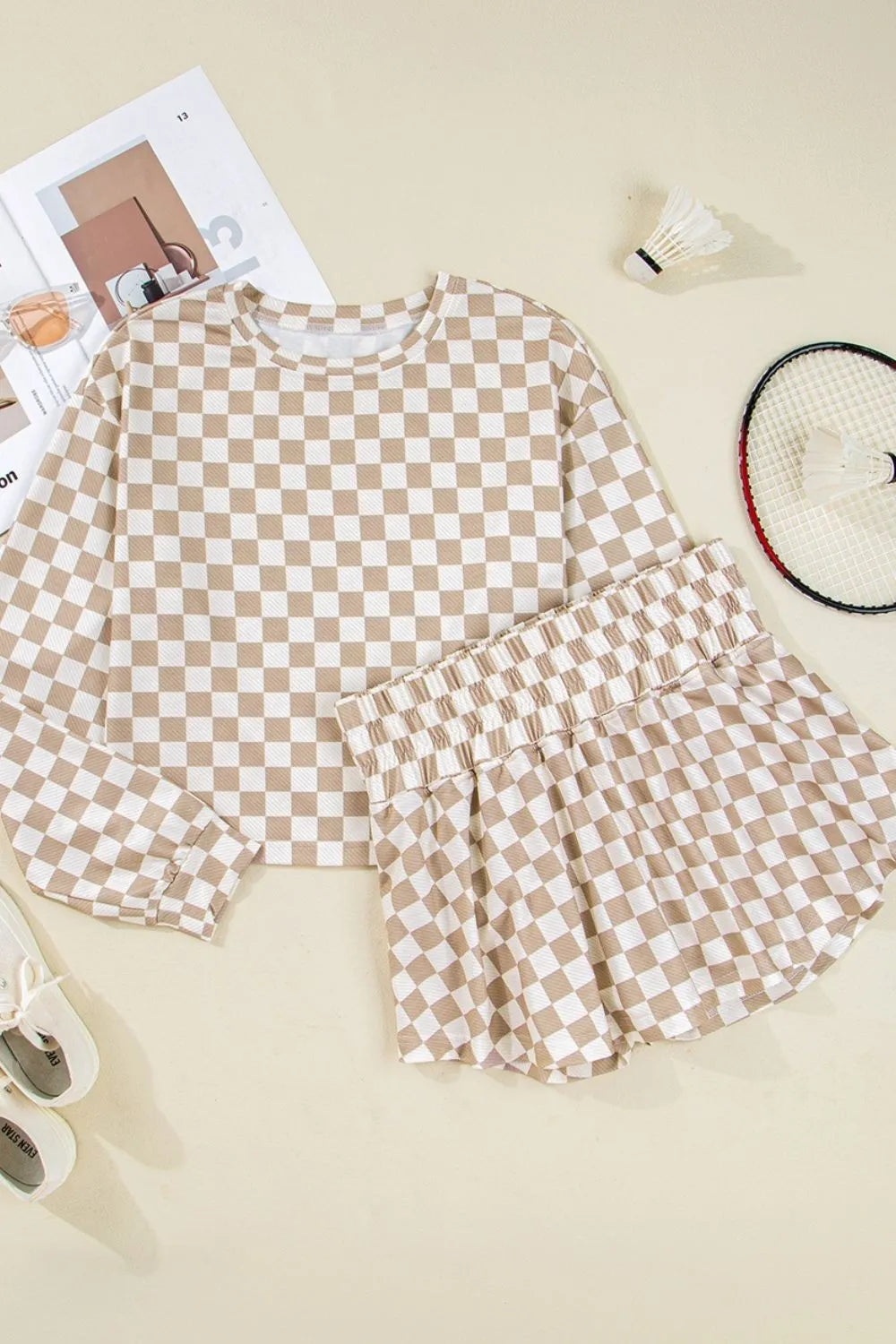 Checkered Long Sleeve Top and Skirt Two-Piece Set