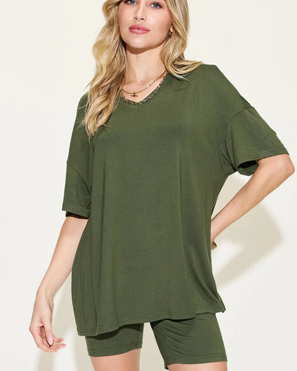 Basic Bae Full Size V-Neck Drop Shoulder T-Shirt and Shorts Set 