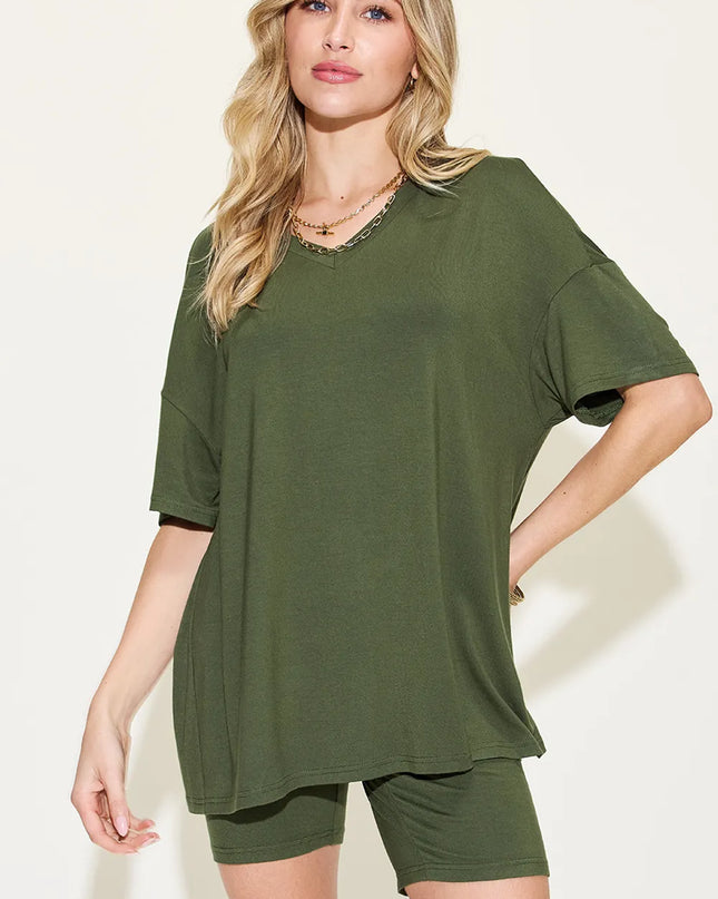Basic Bae Full Size V-Neck Drop Shoulder T-Shirt and Shorts Set 