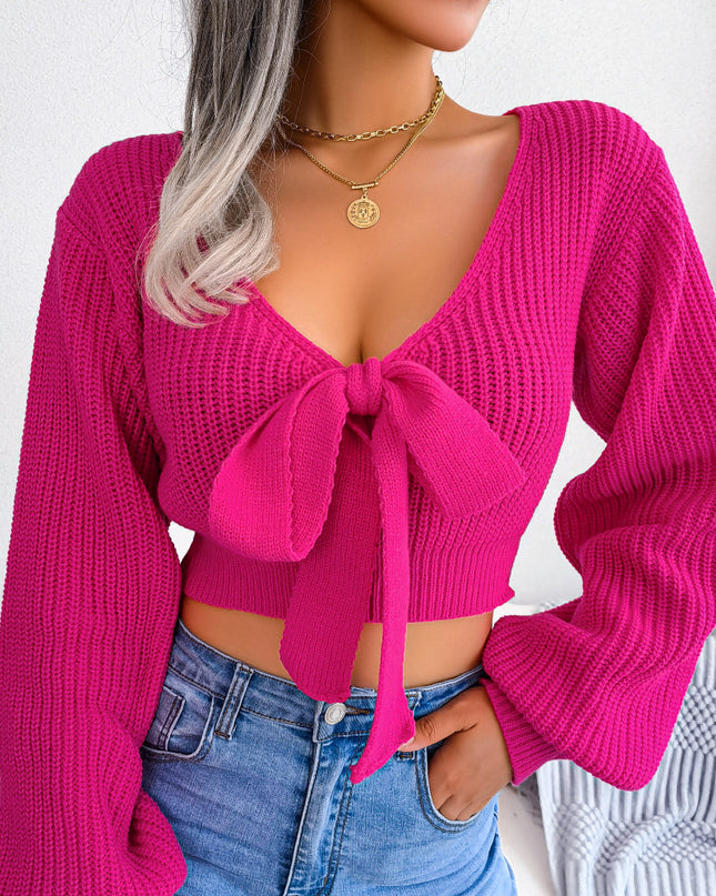 Tie-Front Rib-Knit Cropped Sweater